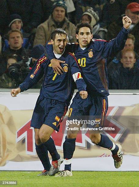 Raul of Spain celebrates his goal with Vincente Rodriguez during the Euro2004 play-off second leg match between Norway and Spain at Ulleval Stadium...