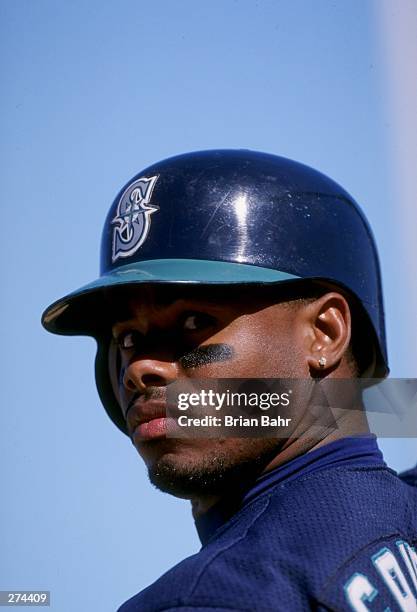 Ken Griffey Jr. #24 of the Seattle Mariners in action during a spring training game against the San Diego Padres at Peoria Sports Complex in Peoria,...