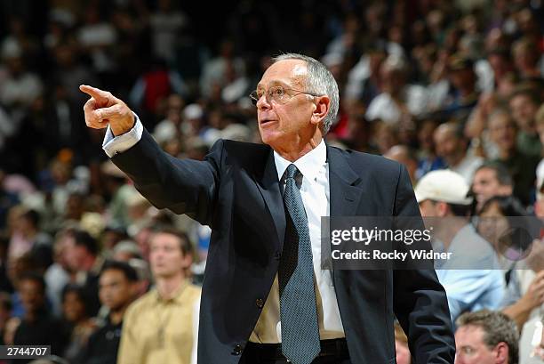 Head coach Larry Brown the Detroit Pistons points during the game against the Golden State Warriors at The Arena in Oakland on November 12, 2003 in...