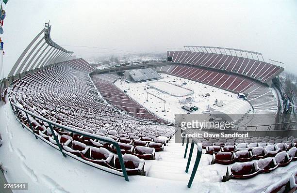 The view from the top of Commonwealth Stadium during a snow storm on November 17, 2003 in Edmonton, Canada. Prepreations are being made to the...