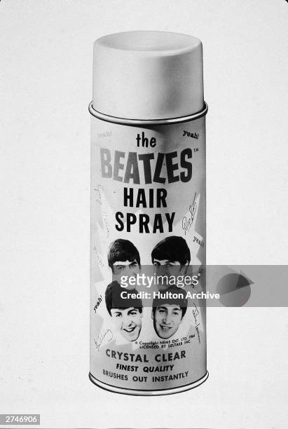 Photograph of a hair spray can featuring the faces of the Beatles, circa 1964.