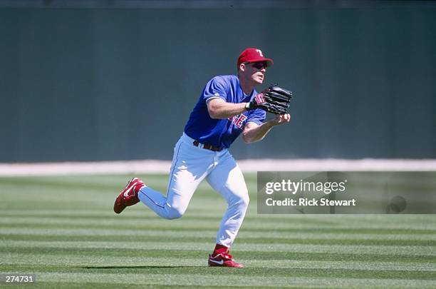 Rusty Greer of the Texas Rangers in action during a workout session during Spring Training at the Charlotte County Stadium in Port Charlotte,...