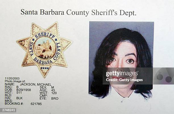 In this handout image provided by the Santa Barbara County Sheriff's Office, Singer Michael Jackson is shown in a mug shot after he was booked on...