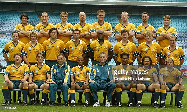 The Australian Wallabies pose for their team photo during the Australian Wallabies Captain's Run at Telstra Stadium November 21, 2003 in Sydney,...