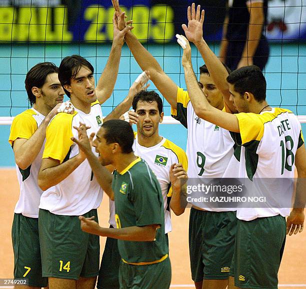 Brazilian volleyball players, L-R: Gilberto Godoy Filho, Rodrigo Santana, Sergio Santos , Mauricio Lima, Andre Nascimento, and Dante Amaral ,...