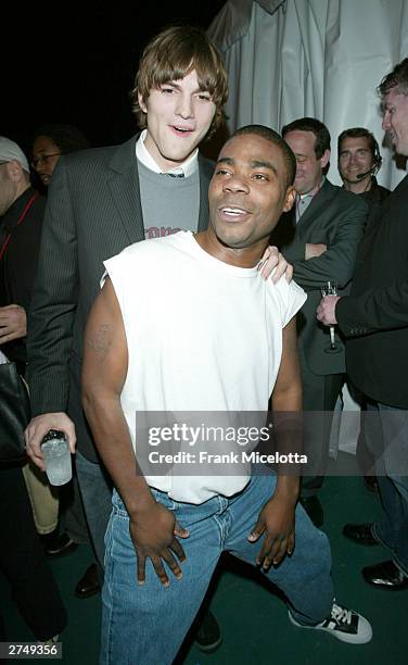 Actor Ashton Kutcher and comedian Tracy Morgan pose backstage at VH1's Big In 2003 Awards on November 20, 2003 at Universal City in Los Angeles,...