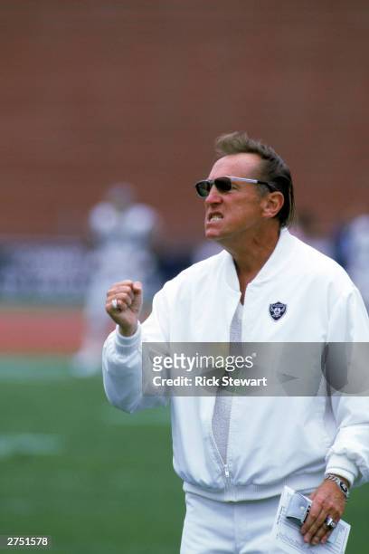 An animated Al Davis, President of the general partners of the Los Angeles Raiders reacts to a play during a game of the 1989 NFL season at the Los...