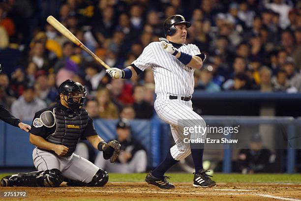 Right fielder Karim Garcia of the New York Yankees is at bat during game six of the Major League Baseball World Series against the Florida Marlins on...