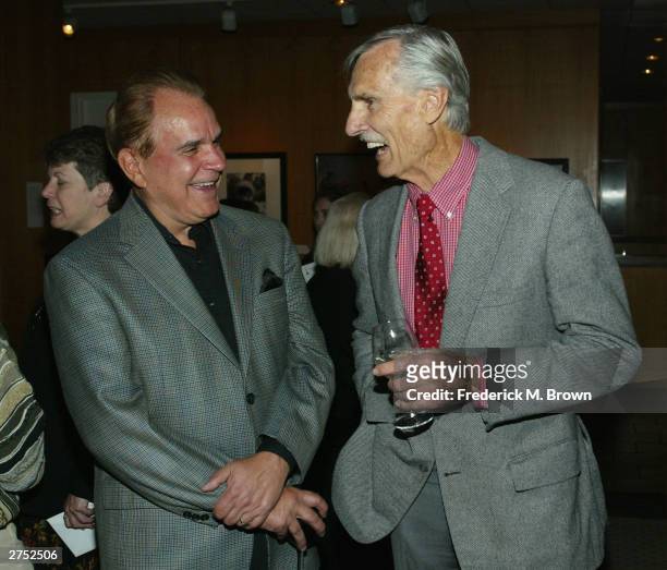 Actors Rich Little and Dennis Weaver attend the Centennial Tribute to Bing Crosby at the Academy of Motion Picture Arts and Sciences on November 21,...