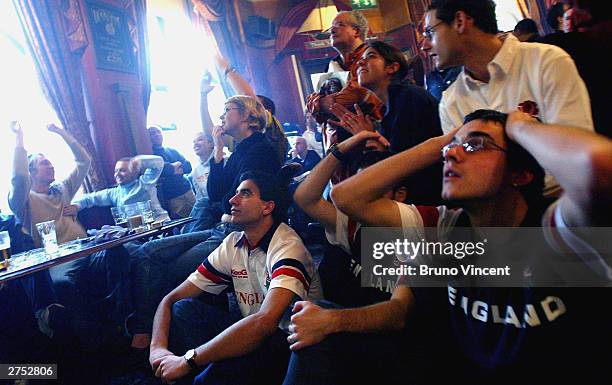 Spanish student supporting England holds his head as Australia equalise in the second half of the Rugby world cup final on November 22, 2003 in...