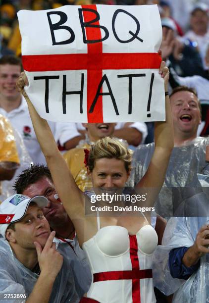 An English fan enjoys Englands victory during the Rugby World Cup Final match between Australia and England at Telstra Stadium November 22, 2003 in...