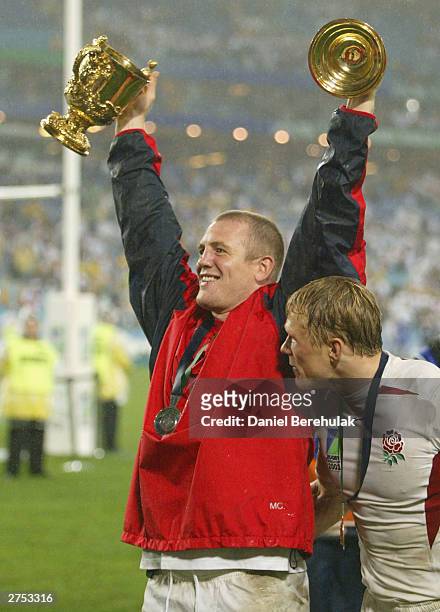 Mike Tindall of England celebrates after England won the Rugby World Cup Final match between Australia and England at Telstra Stadium November 22,...