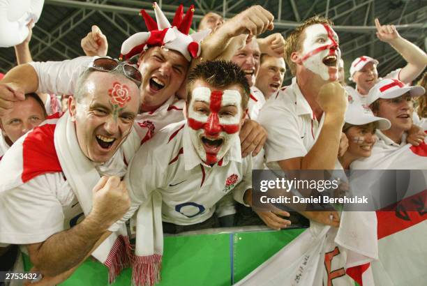 England fans celebrate after England won the Rugby World Cup Final match between Australia and England at Telstra Stadium November 22, 2003 in...