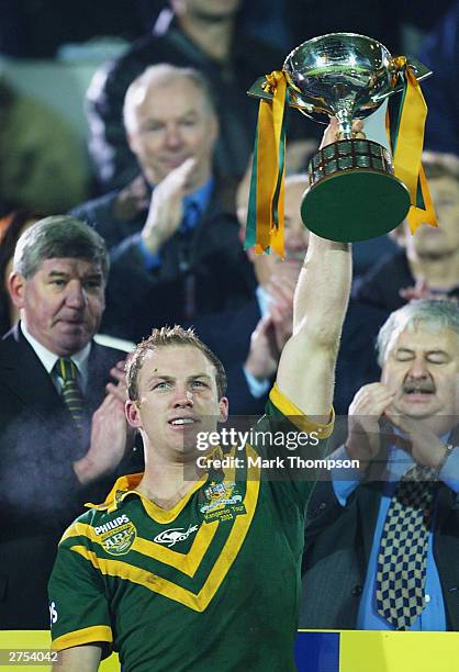 Darren Lockyer of Australia celebrates with the ashes trophy after the Think! Road Safety 3rd Test Match between Great Britain and Australia at The...