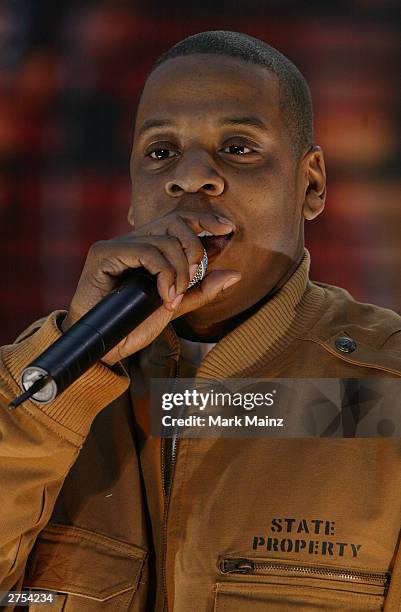 Rapper Jay Z performs for MTV's "MC Battle II: The Takeover in Time Square" at MTV's Time Square Studios November 22, 2003 in New York City. The...