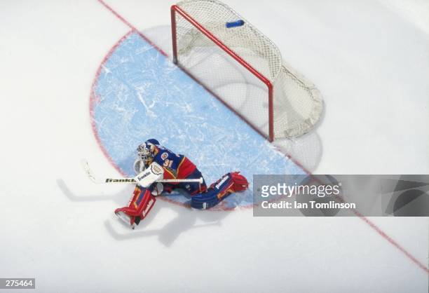 Overhead view of goaltender Grant Fuhr of the St. Louis Blues in action during a game against the Calgary Flames at the Saddledome in Calgary,...