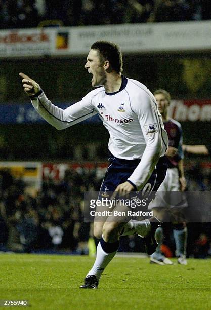 Robbie Keane of Tottenham Hotspur celebrates scoring a goal during the FA Barclaycard Premiership match between Tottenham Hotspur and Aston Villa at...