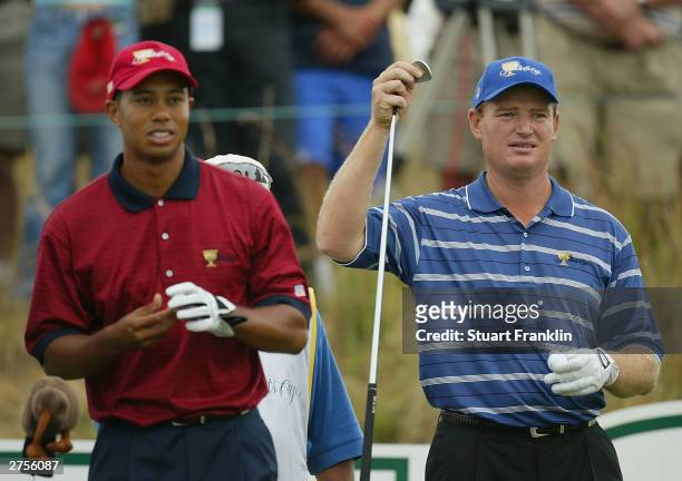 Tiger Woods of USA during this match with Ernie Els of South Africa at The Presidents Cup between USA and The Internatioanl team on the November 23,...
