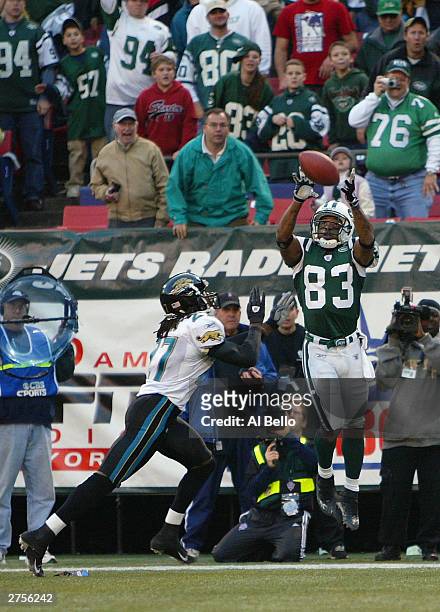 Santana Moss of the New York Jets catches the winning touchdown against Rashean Mathis of the Jacksonville Jaguars in the final seconds of the game...