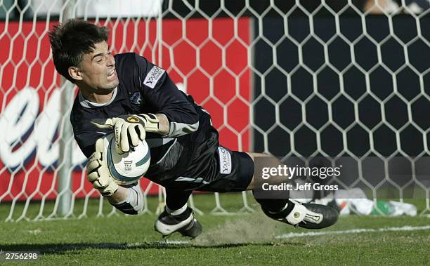 Goalkeeper Pat Onstad of the San Jose Earthquakes stops a penalty kick by the Chicago Fire that would have tied the game in the second half of the...