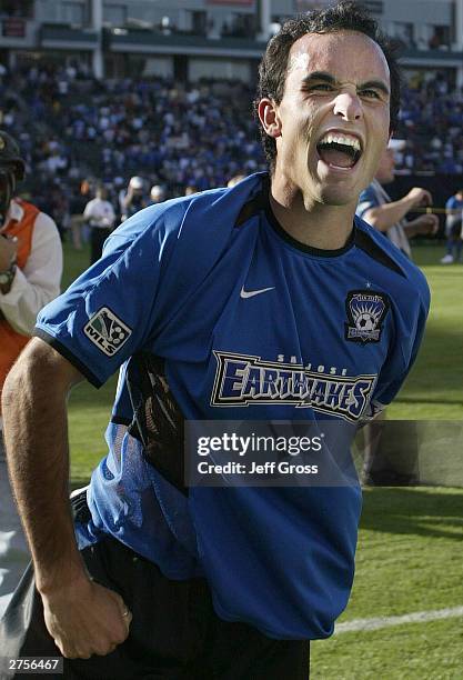 Landon Donovan of the San Jose Earthquakes celebrates after defeating the Chicago Fire 4-2 in the MLS Cup on November 23, 2003 at The Home Depot...