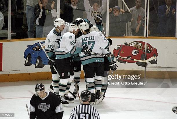 General view as members of the San Jose Sharks celebrate rightwinger Owen Nolan''s 13th goal of the season during a game against the Los Angeles...