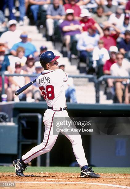 Wes Helmes of the Atlanta Braves in action during a spring training game against the Cleveland Indians at Disney Wide World of Sports Stadium in...