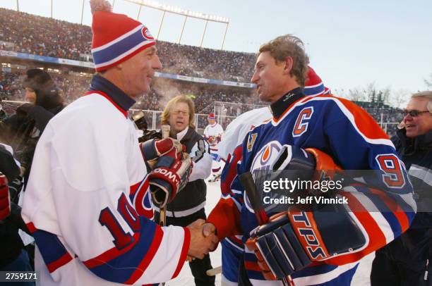 Wayne Gretzky , Guy Lafleur shakes hands after the Edmonton Oilers faced the Montreal Canadiens during the Molson Canadien Heritage Classic Megastars...