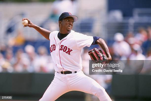 Pitcher Pedro Martinez of the Boston Red Sox in action during a spring training game against the Minnesota Twins at City of Palms Park in Fort Myers,...