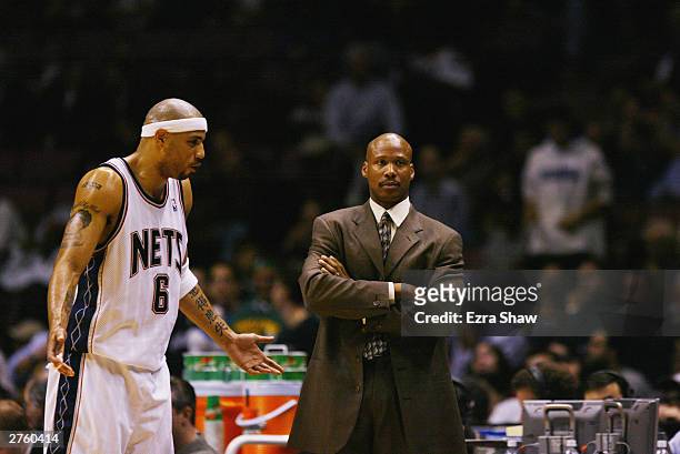 Kenyon Martin of the New Jersey Nets pleads his case with his head coach Byron Scott during the game against the New Orleans Hornets at the...