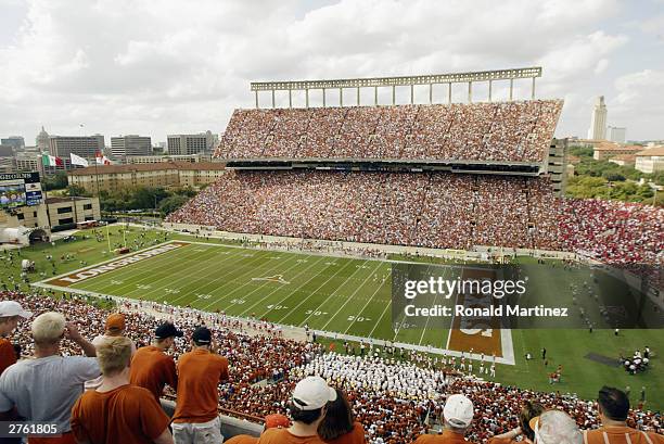 View of Texas Memorial Stadium during the game between the Nebraska Cornhuskers and the Texas Longhorns on November 1, 2003 in Austin, Texas. The...