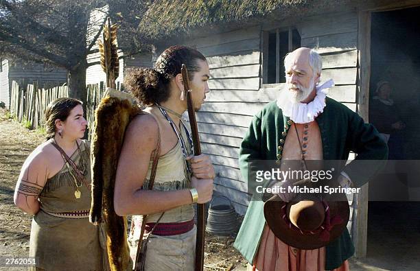 John Kemp portrays pilgrim Steven Hopkins meeting with the colonists Wampanoag Indian interpreter Hobbamock, played by Jonathan Perry , as another...