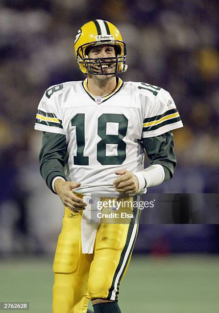 Quarterback Doug Pederson of the Green Bay Packers smiles during the game against the Minnesota Vikings at the Hubert H. Humphrey Metrodome on...