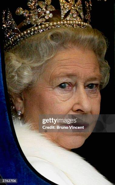 Queen Elizabeth II rides along St James park after the State Opining of Parliament on November 26, 2003 in London. HRH Queen Elizabeth II officially...