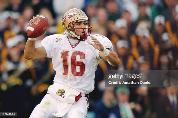 Quarterback Chris Rix of the Florida State Seminoles drops back to throw the football during the game against the Notre Dame Fighting Irish on...