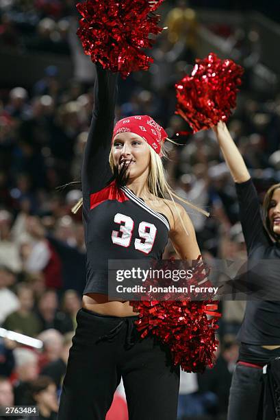 Portland Trail Blazers cheerleader performs during a break in the game between the Trail Blazers and the Atlanta Hawks during the game at Rose Garden...