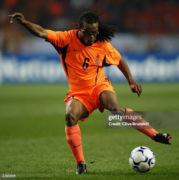 Edgar Davids of Holland charges forward during the UEFA European Championships 2004 Play-Off second leg match between Holland and Scotland held on...