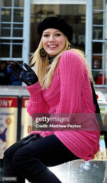 Actress Hilary Duff participates in The 77th Annual Macys Thanksgiving Day Parade on November 27, 2003 in New York City.