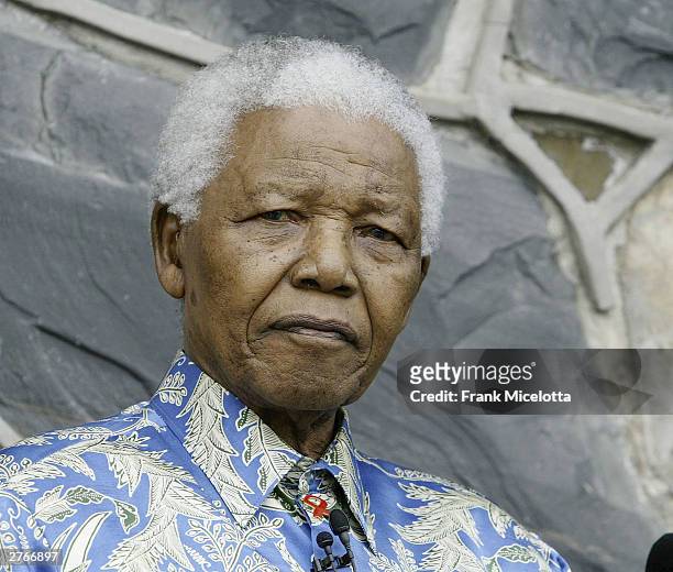 Nelson Mandela at a press conference for "46664 - Give One Minute of Your Life to AIDS" on Robben Island where he was impisoned for 18 years November...