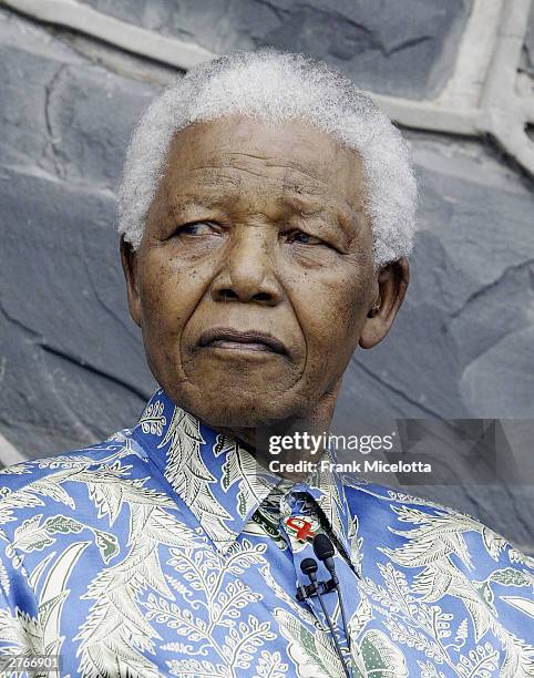 Nelson Mandela at a press conference for "46664 - Give One Minute of Your Life to AIDS" on Robben Island where he was impisoned for 18 years November...