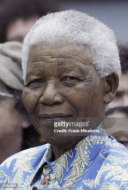 Nelson Mandela at a press conference for "46664 - Give One Minute of Your Life to AIDS" on Robben Island where he was impisoned for 18 years November...
