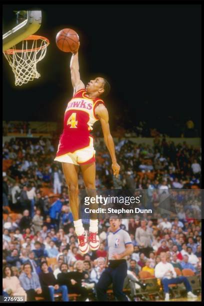 Guard Anthony Webb of the Atlanta Hawks leaps to victory during a game against the Los Angeles Lakers at The Forum in Inglewood, California....