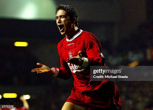 Harry Kewell of Liverpool celebrates after scoring the second goal during the FA Barclaycard Premiership match between Liverpool and Birmingham City...