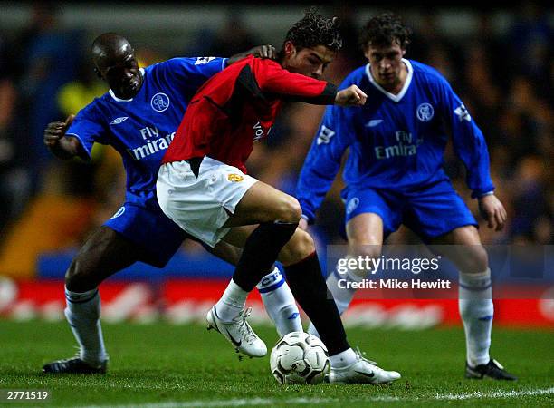 Cristiano Ronaldo of Manchester United battles with Claude Makelele of Chelsea during the FA Barclaycard Premiership match between Chelsea and...