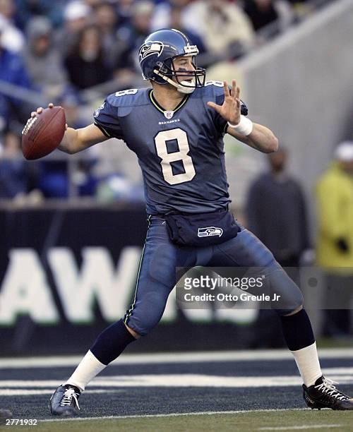 Quarterback Matt Hasselbeck of the Seattle Seahawks passes against the Cleveland Browns on November 30, 2003 at Seahawks Stadium in Seattle,...