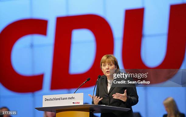 Angela Merkel, head of the Christian Democratic Union , speaks at the CDU party congress December 1, 2003 in Leipzig, Germany. The government's...