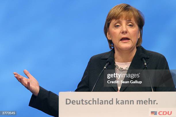 Angela Merkel, head of the Christian Democratic Union , speaks at the CDU party congress December 1, 2003 in Leipzig, Germany. The government's...