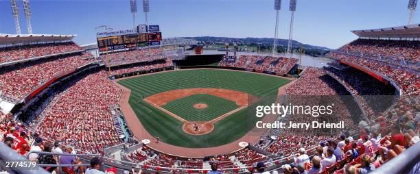 General view of the Great American Ball Park from home plate upper level during the National League game between the Cincinnati Reds and the Houston...