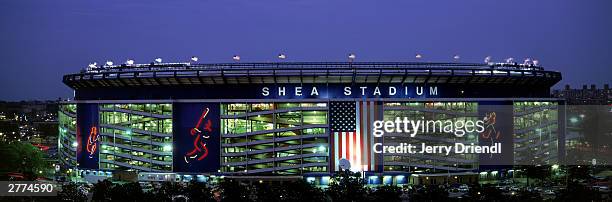 General view of Shea Stadium at dusk during the National League game between the Philadelphia Phillies and the New York Mets at Shea Stadium on July...