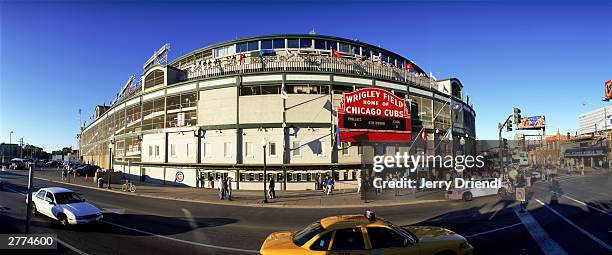 Exterior view of Wrigley Field during the National League game between the Philadelphia Phillies and the Chicago Cubs at Wrigley Field on July 23,...
